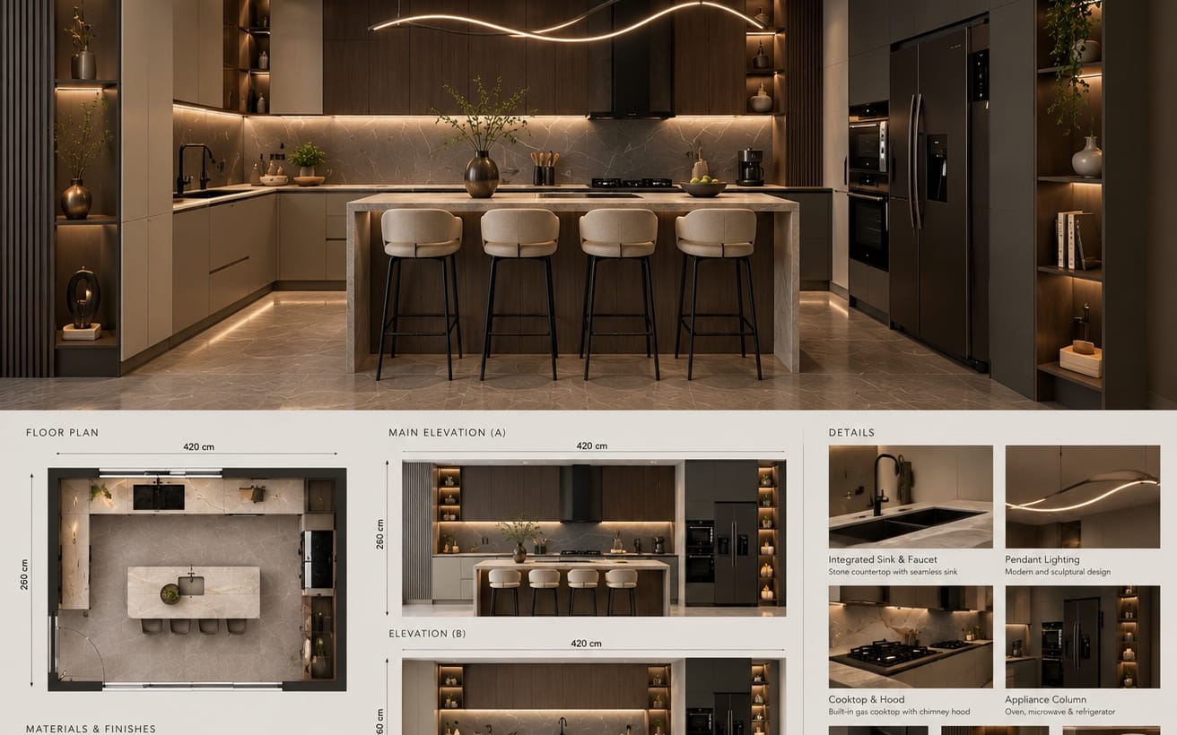 Modern editorial kitchen concept rendering with floor plan and elevation details on layout sheet
