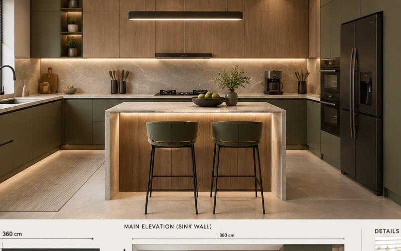 Modern kitchen interior design render with island and bar stools, cabinets, sink wall, and appliances for a layout