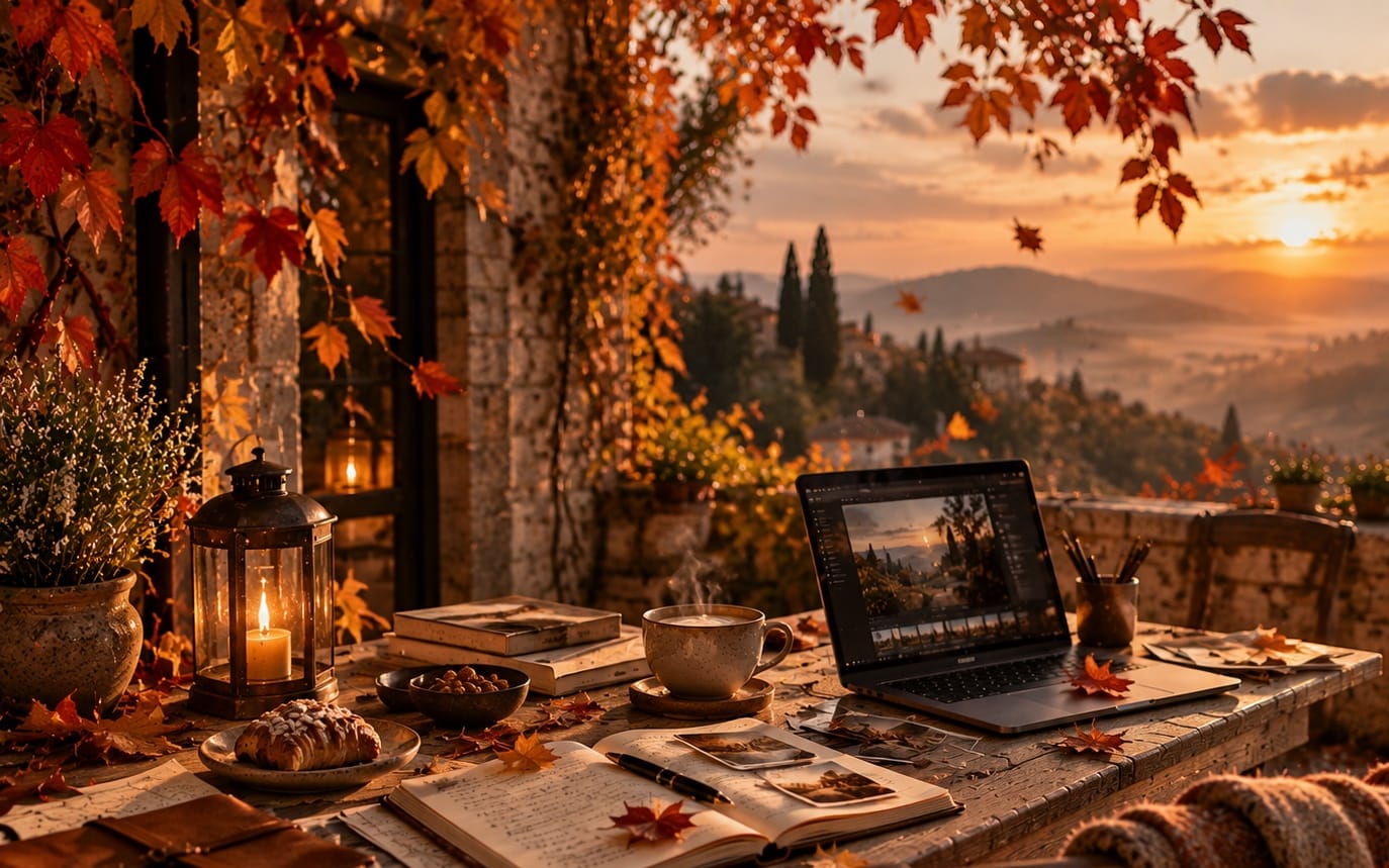 Autumn study desk scene with laptop, open notebook, coffee, candles, and books at sunset digital study background