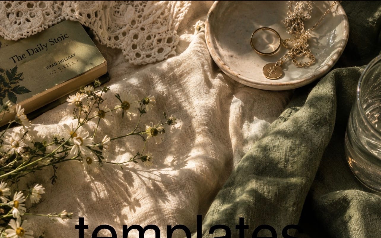 Vintage journal and jewelry setup with sunlit fabric and floral accents on a template cover design