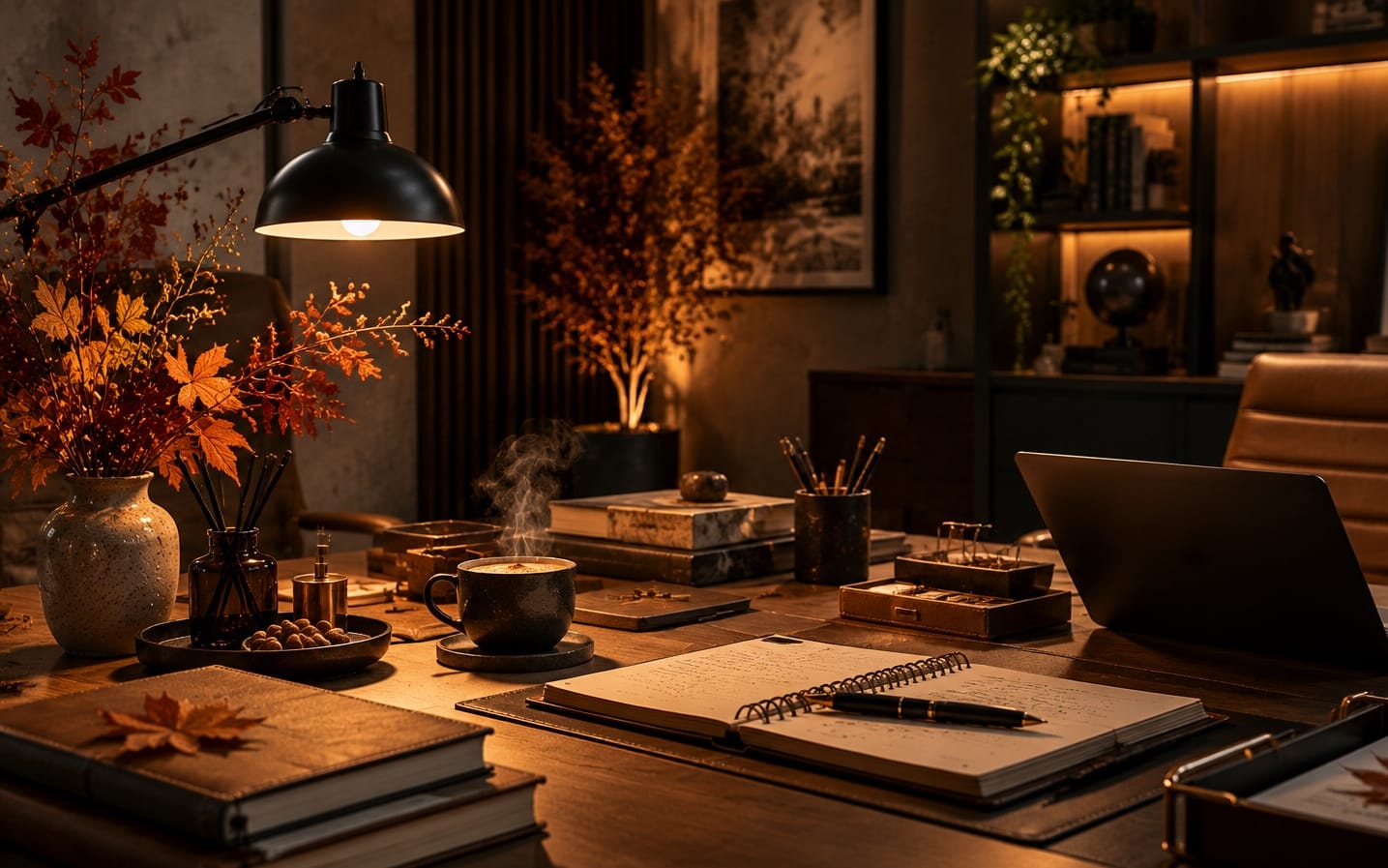 Cozy desk work setup with books, coffee mug, lamp, notebook, and laptop in a warm office scene