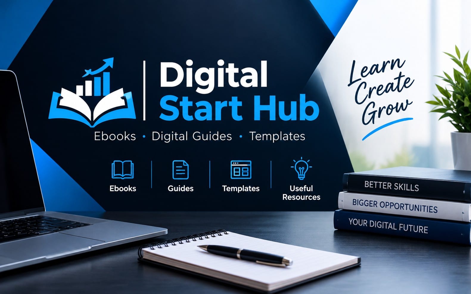 Digital product guide banner with laptop, notebook, and book stack reading Digital Start Hub and Learn Create Grow