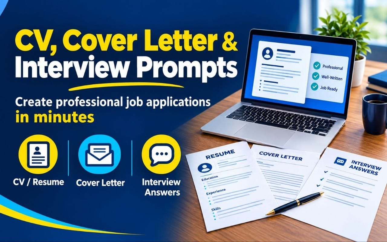 Digital marketing banner for an AI job-seeking prompt pack showing laptop, CV cover letter interview answers graphics