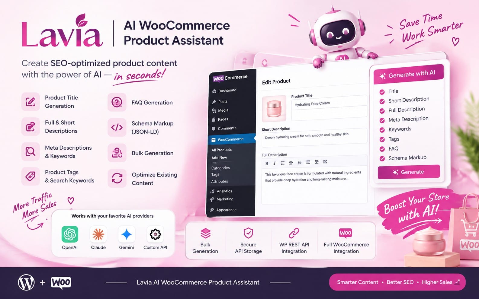 Lavia AI WooCommerce Product Assistant banner showing AI chatbot and product content generation UI