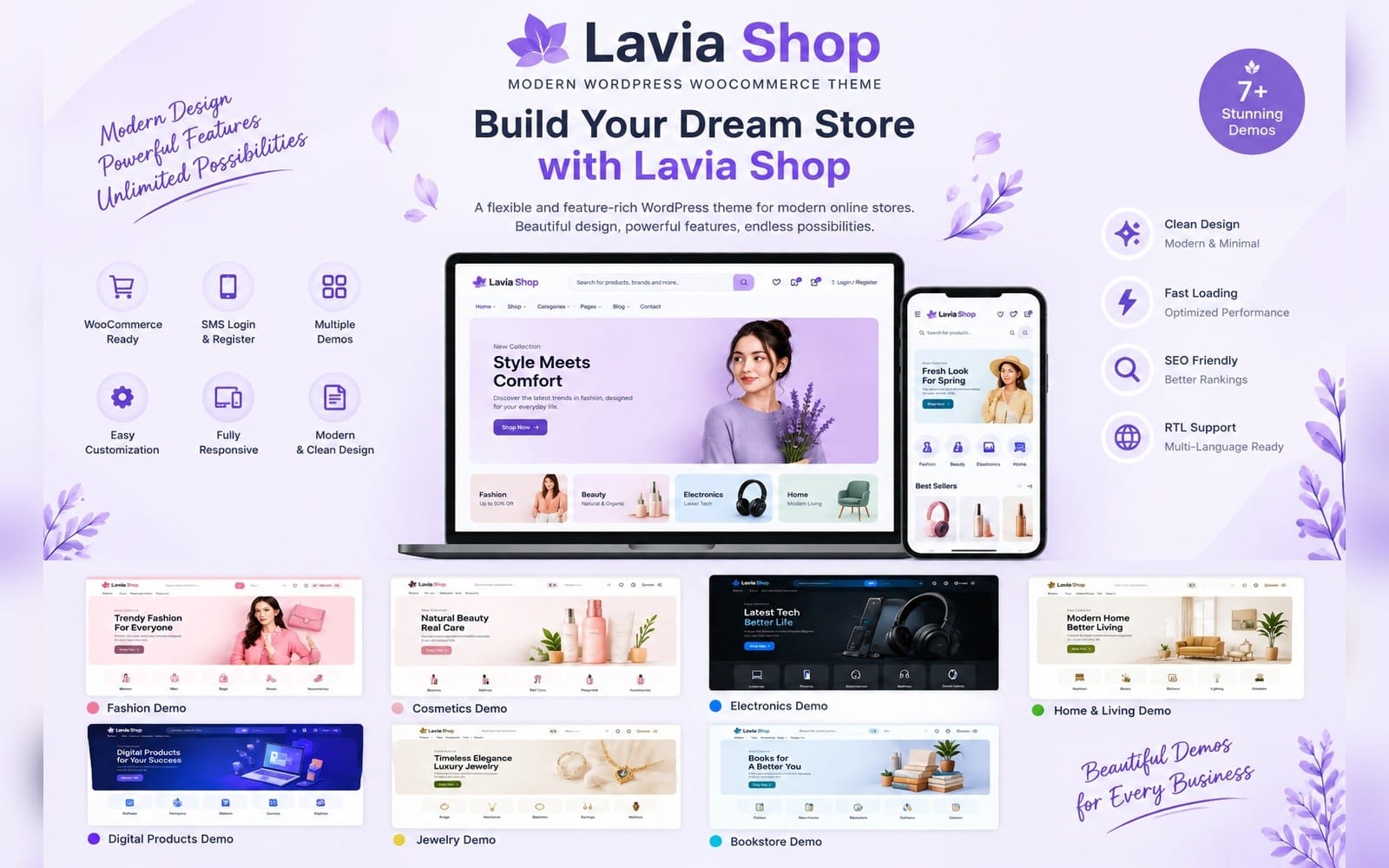 Lavia Shop premium WordPress WooCommerce theme promo showing laptop and phone mockups plus multi-demo previews