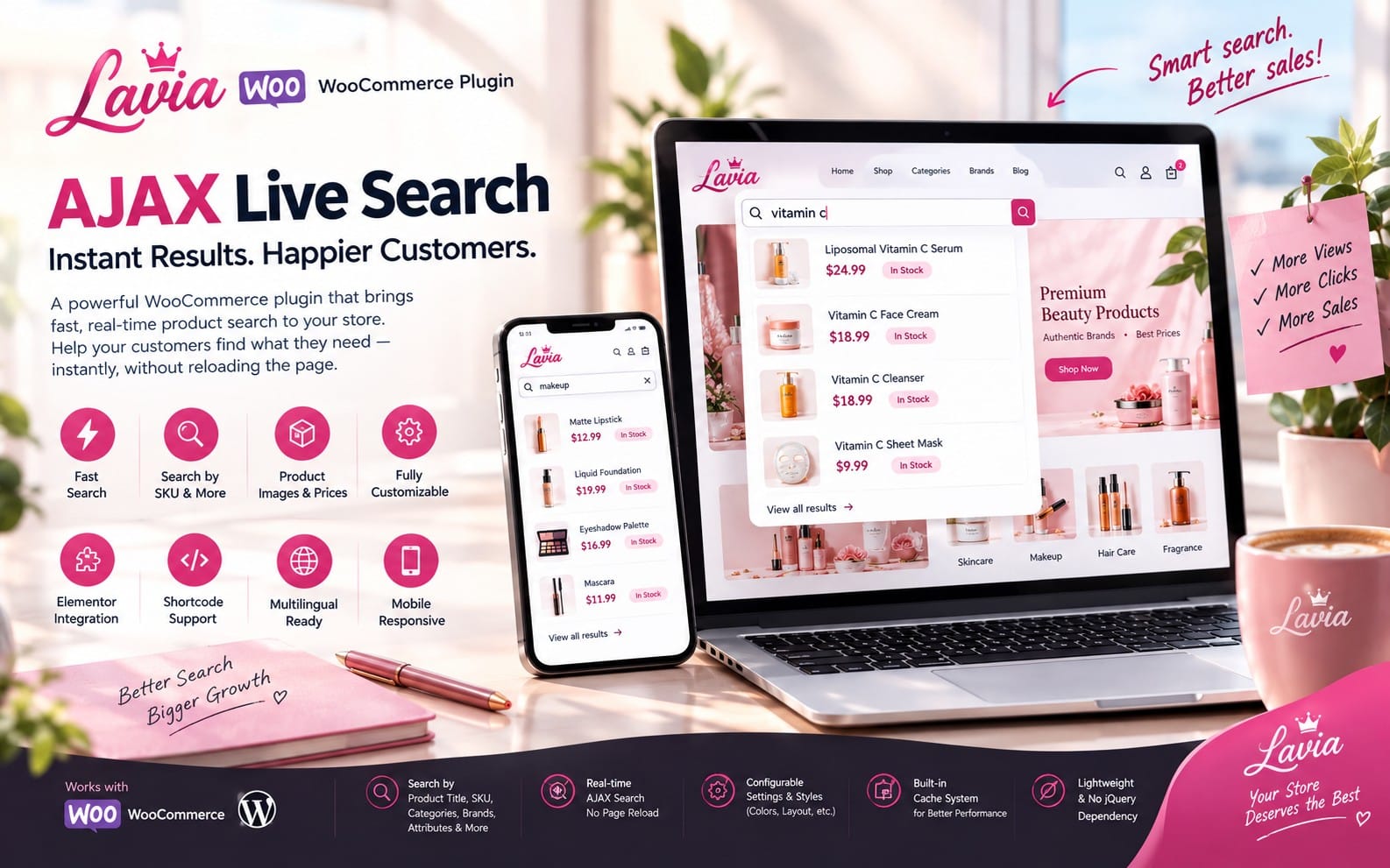 Lavia WooCommerce AJAX Live Search promotional graphic showing laptop and smartphone product search results