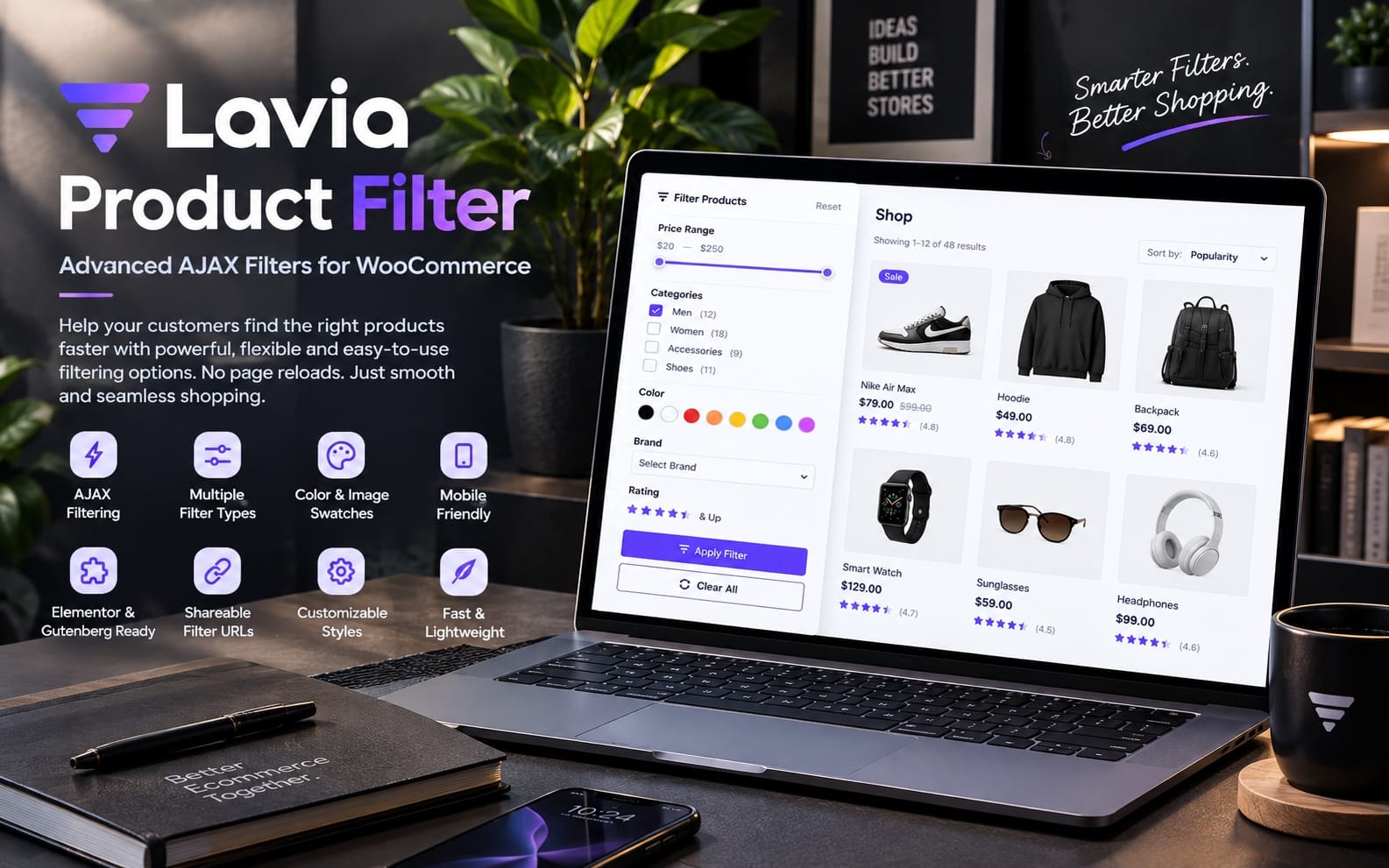 Laptop screen showing Lavia WooCommerce product filter interface with AJAX category, price, color swatch controls