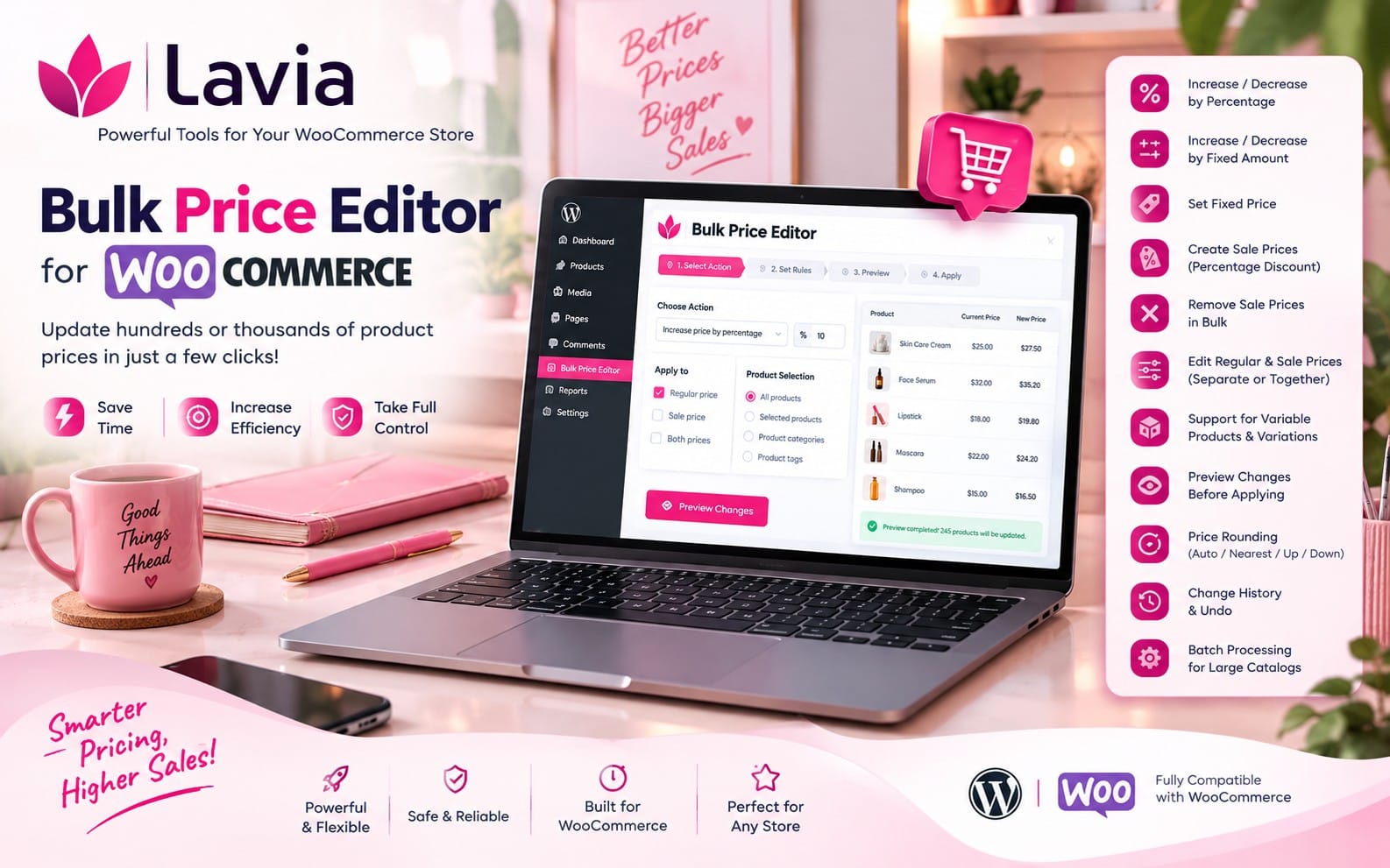 Lavia Bulk Price Editor for WooCommerce shown on a laptop screen with promotional feature icons and text