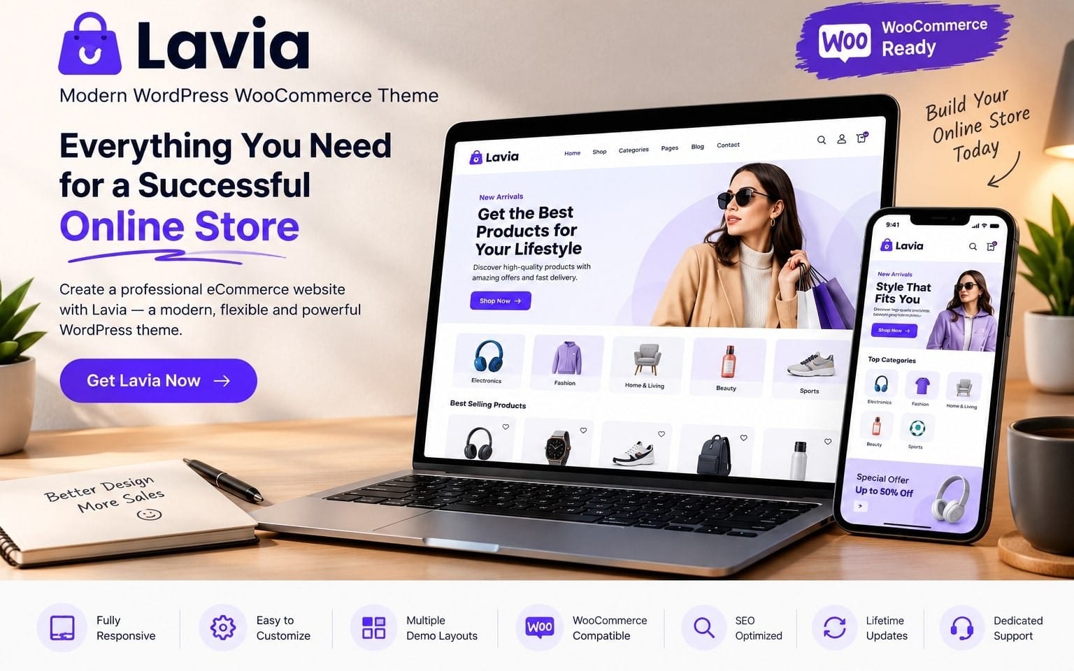 Promotional banner for the Lavia modern WordPress WooCommerce theme showing laptop and phone storefront mockups