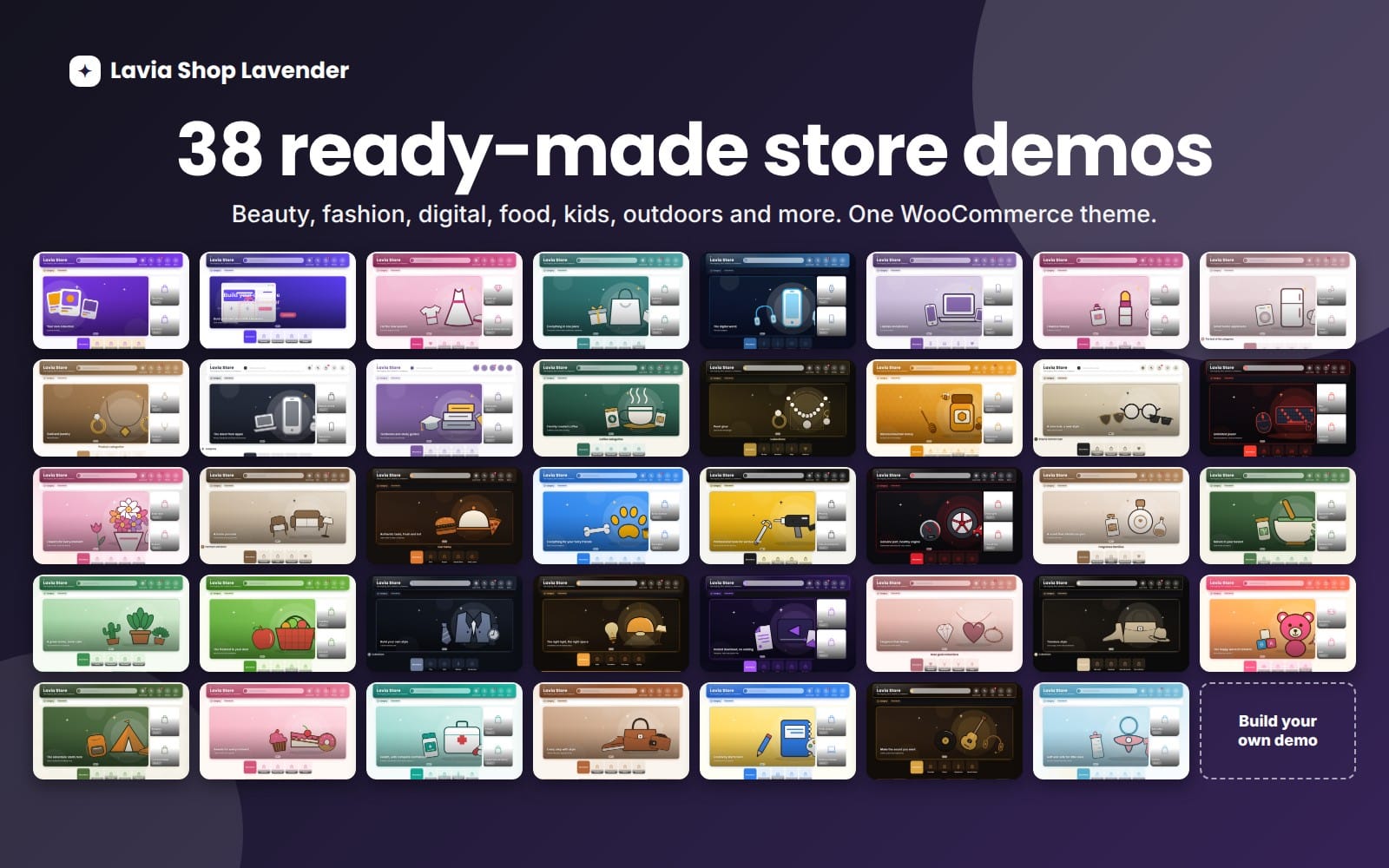 Laviva Shop Lavender WooCommerce theme banner showing 38 ready store demo thumbnails with Elementor integration