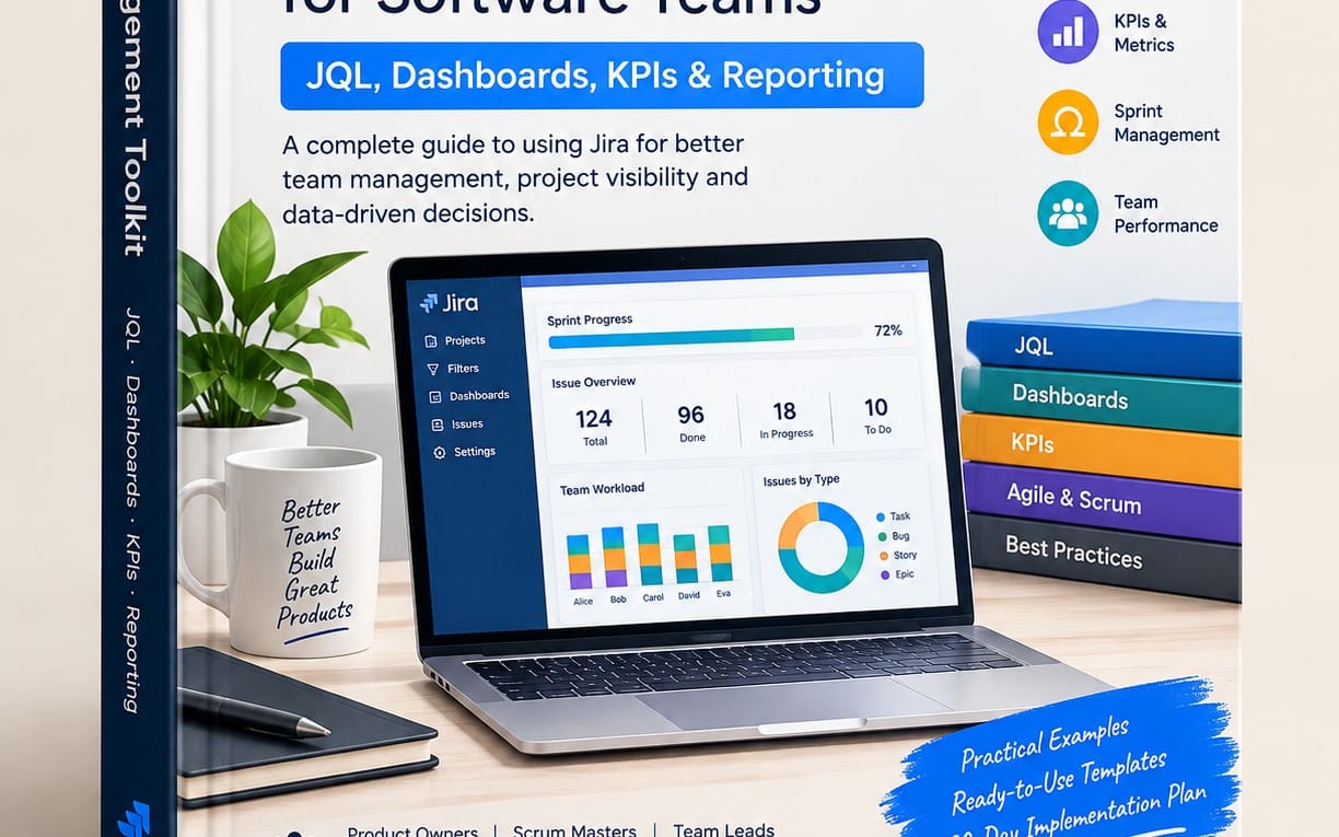 Jira JQL query guide cover with laptop dashboard, KPI charts, and stacked tutorial books for English edition ebook