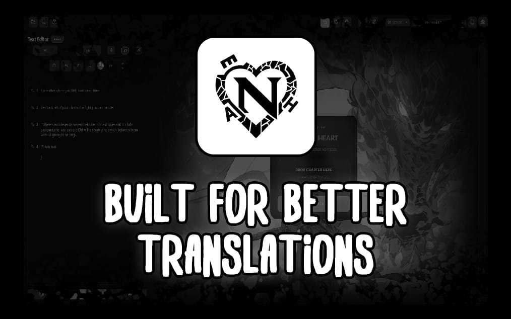 Nexus Heart AI comic translation tool promotional banner with bold text Build for better translations and logo heart