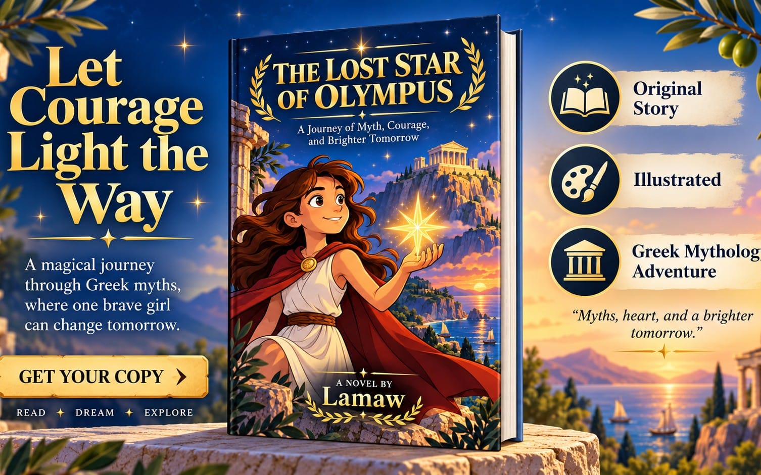 Promotional cover for children’s novel The Lost Star of Olympus with illustrated girl and Greek temple at sunset