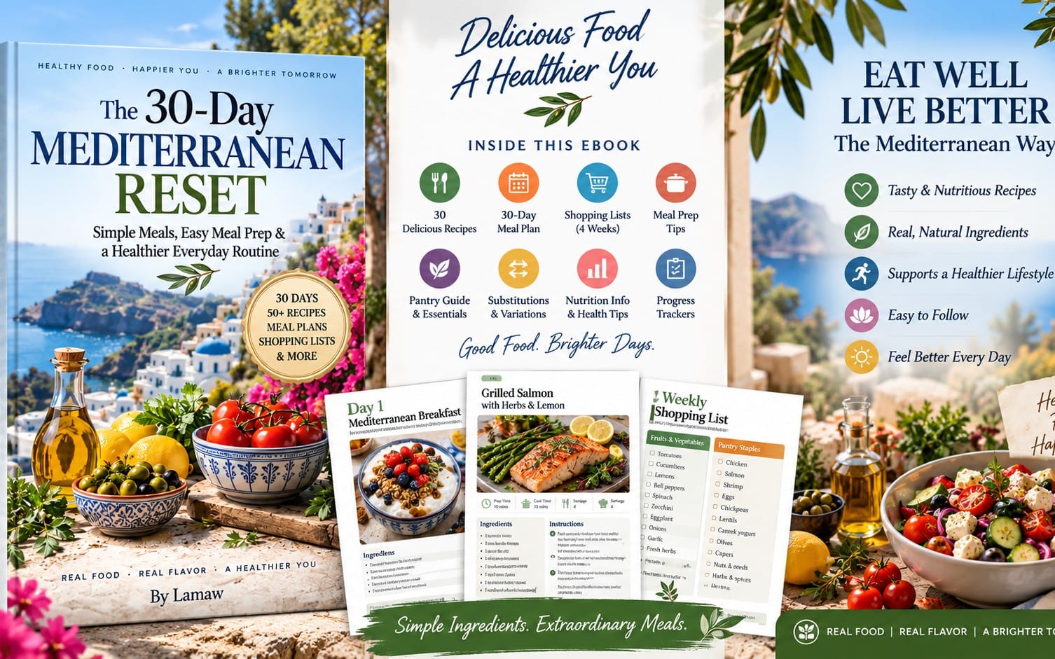 Mediterranean diet ebook cover collage with meal prep pages, recipes, and ingredients on a table outdoors