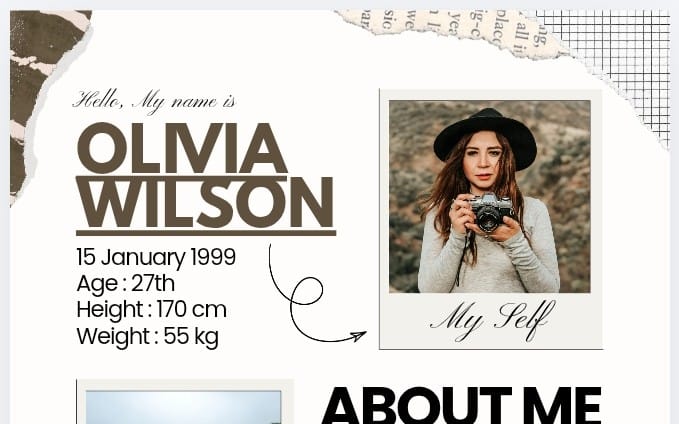 Aesthetic scrapbook-style resume template layout for photographers and creators with portrait and editable bio sections