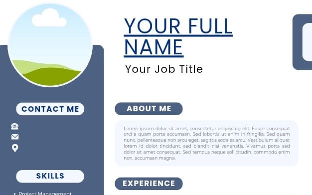 Modern editable Canva resume template layout with header, sections, icons, and placeholder text for a CV