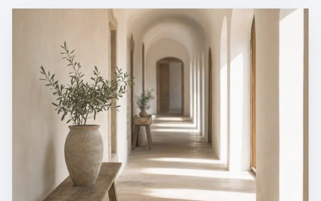 Aesthetic social media template preview with a minimalist hallway interior photo background and decorative vase elements