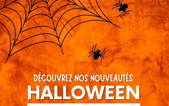 Editable Halloween promo flyer Canva template with orange spooky background, spiders, and bold Halloween text