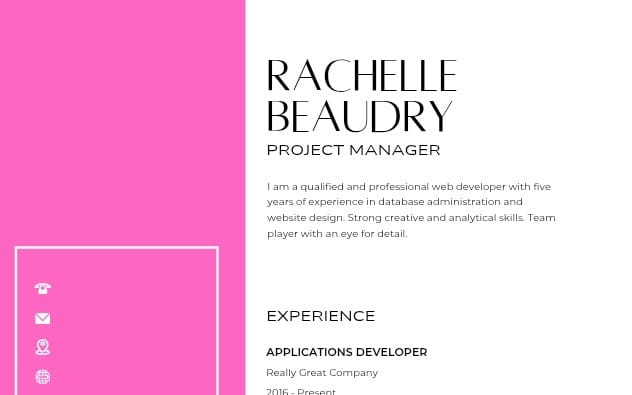 Modern one-page resume template layout on pink and white background with sections and editable text
