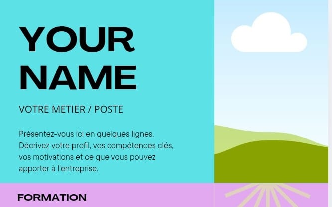 Modern Canva resume template layout for a community manager with name header, section titles, and landscape design