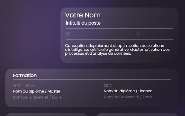 Dark mode AI and tech professional resume Canva template with editable sections and French placeholder text
