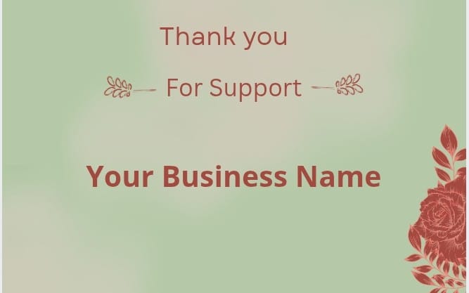Editable floral thank you card template with thank you text and business name on a pastel green background
