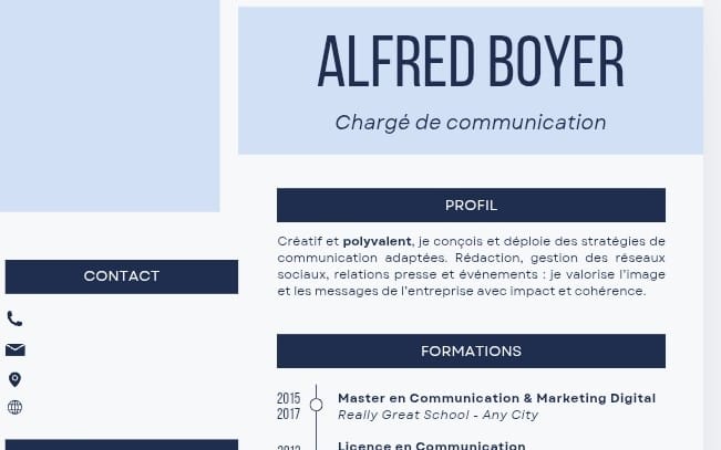 Minimalist Canva resume template for communication specialist with name header, sections, and contact and experience