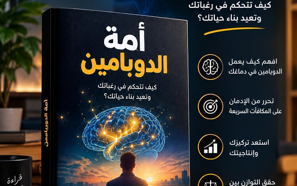 غلاف كتاب رقمي تحفيزي بعنوان أمة الدوبامين مع رسم دماغ مضيء وشخص في مشهد غروب