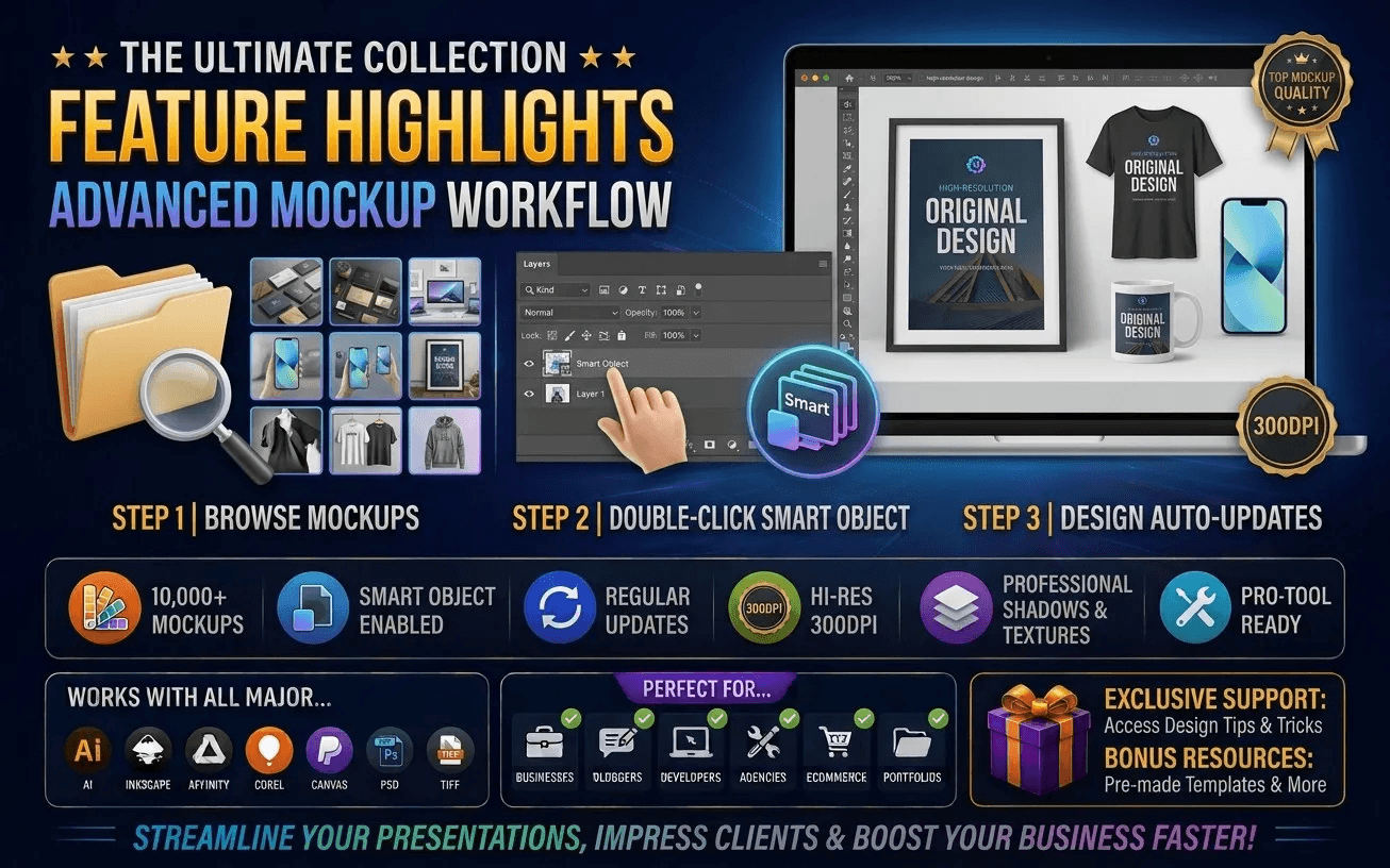 10,000+ Premium Mockup Designs Bundle | PSD Smart Object Templates | Branding, Apparel, Devices, Posters & Stationery | Commercial Use