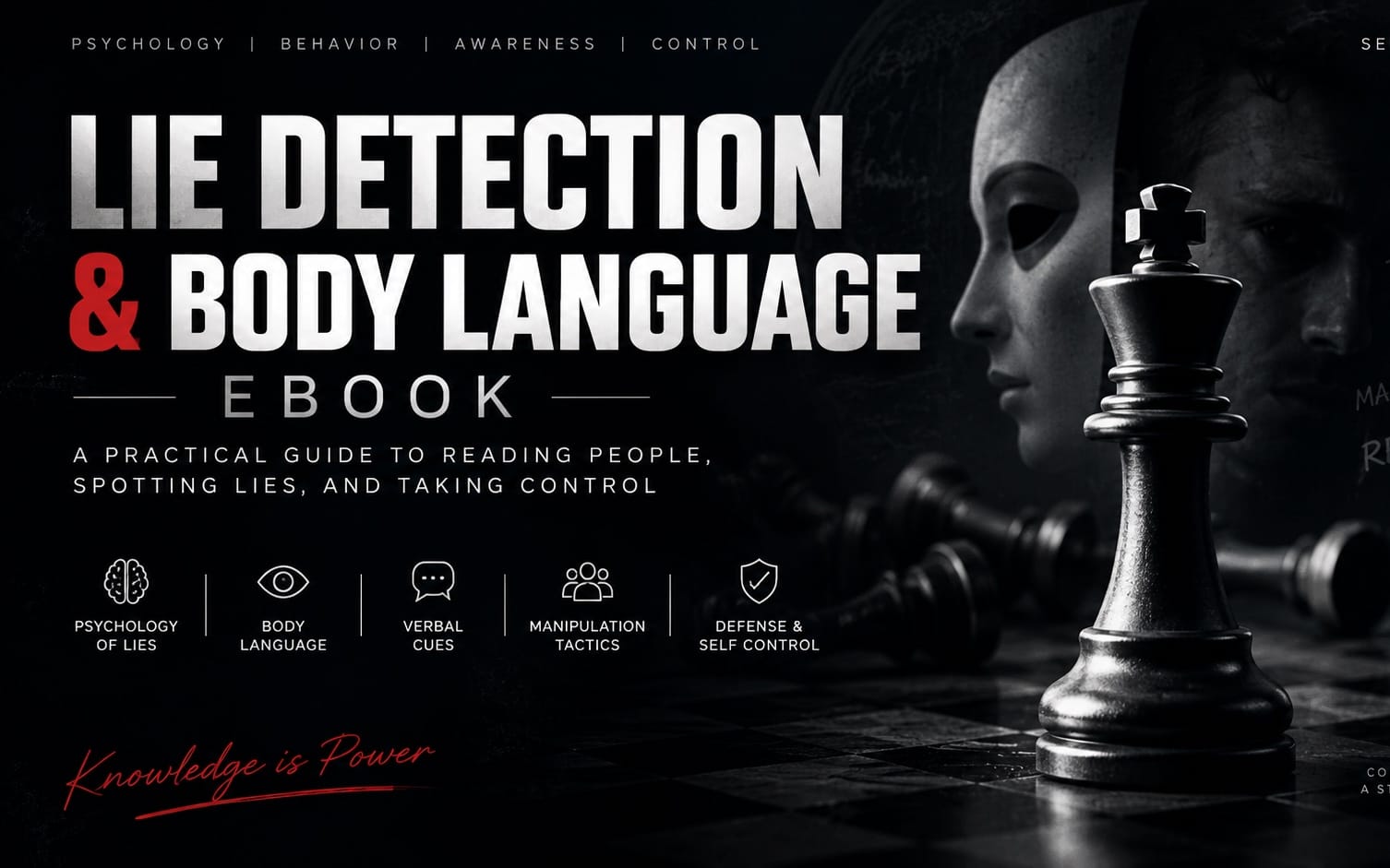 Lie Detection & Body Language ebook cover with text, brain and chat icons, and a chess rook over a dark background