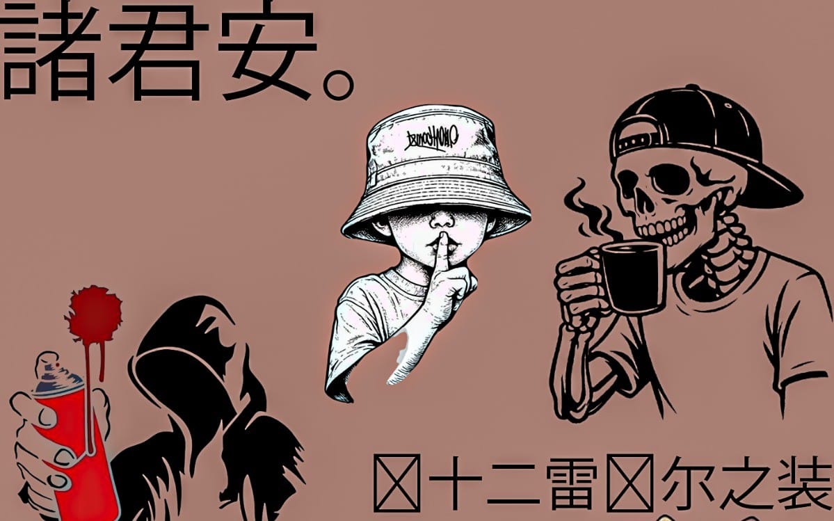 Dark anime art pack cover with stylized characters in hats, skull holding a cup, and Chinese title text