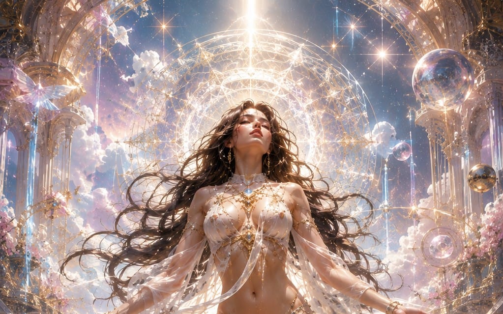 Surreal fantasy artwork cover featuring a radiant woman in gold-white light-filled celestial archway with glowing orbs