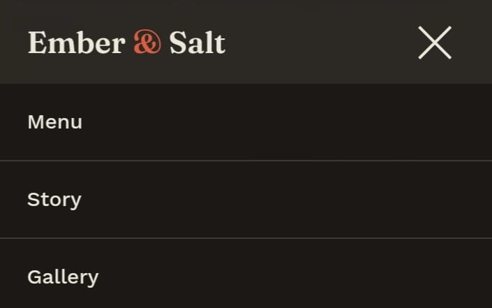 Ember & Salt restaurant website template menu screen with header and sections in single-file HTML CSS JS preview