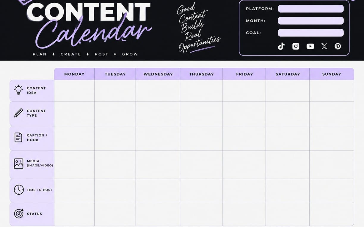 Printable social media content calendar template grid with weekly planning sections and platform goal fields