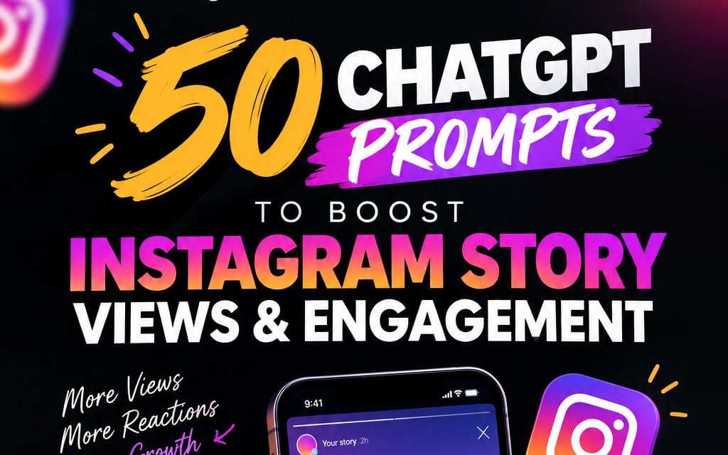 Bold promotional banner for 50 ChatGPT prompts to boost Instagram Story views and engagement with phone and Instagram