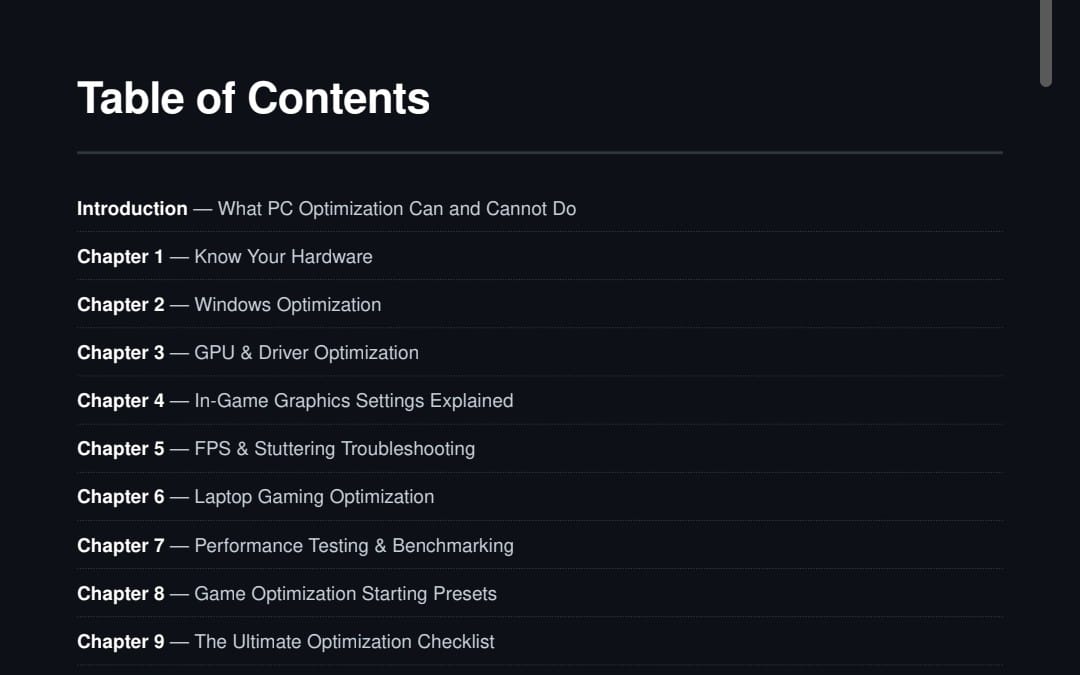 Table of contents screen for a low-end gaming PC optimization kit with chapter headings for Windows, GPU settings, and