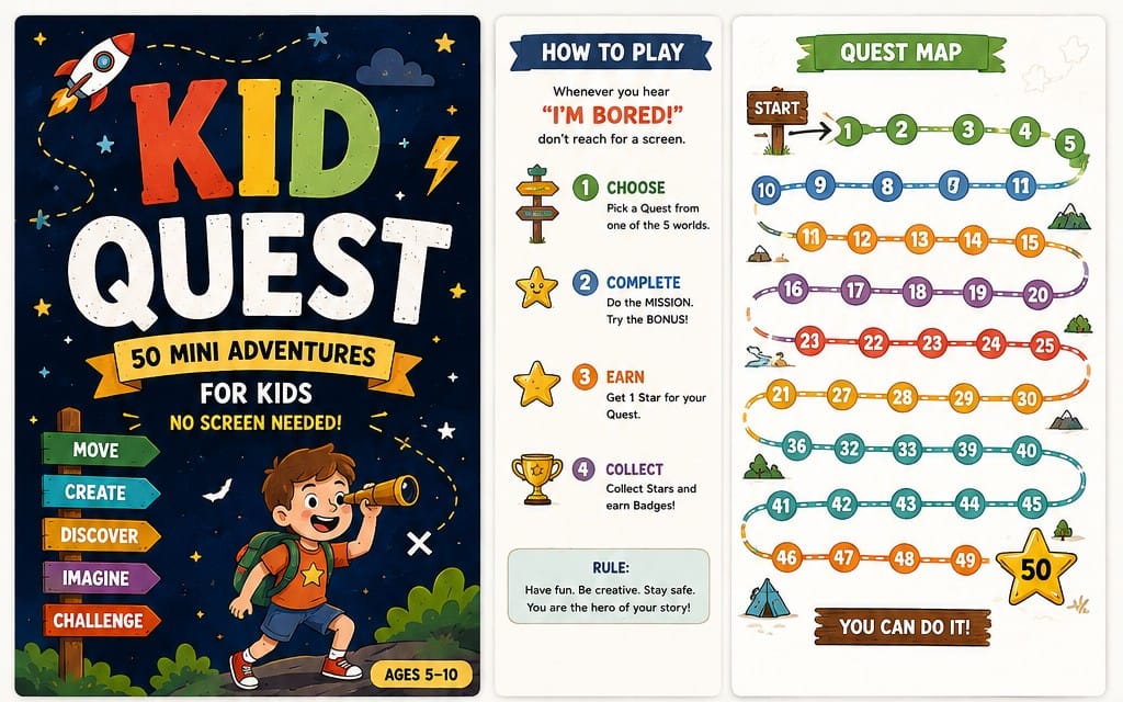 Colorful children’s activity book cover and pages showing Kid Quest 50 screen-free mini adventures and a quest map with