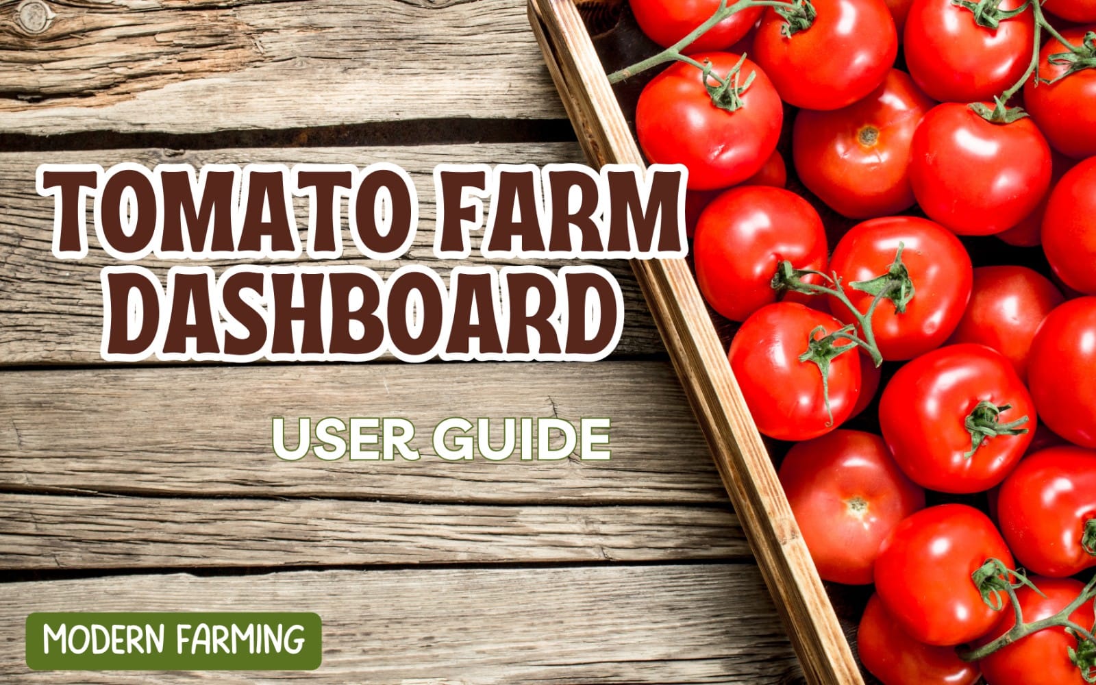 Tomato farm dashboard user guide banner over a wood background with fresh red tomatoes and vine graphic