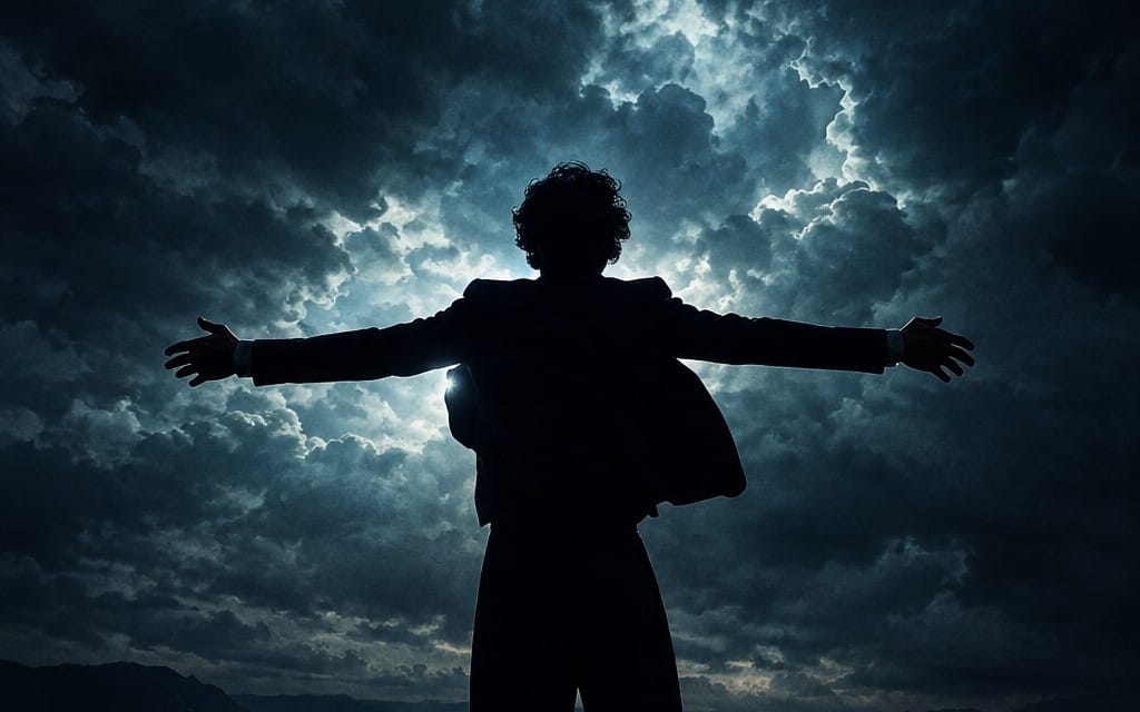 Silhouette of a person with outstretched arms against storm clouds, representing an ebook cover titled EGO — When the