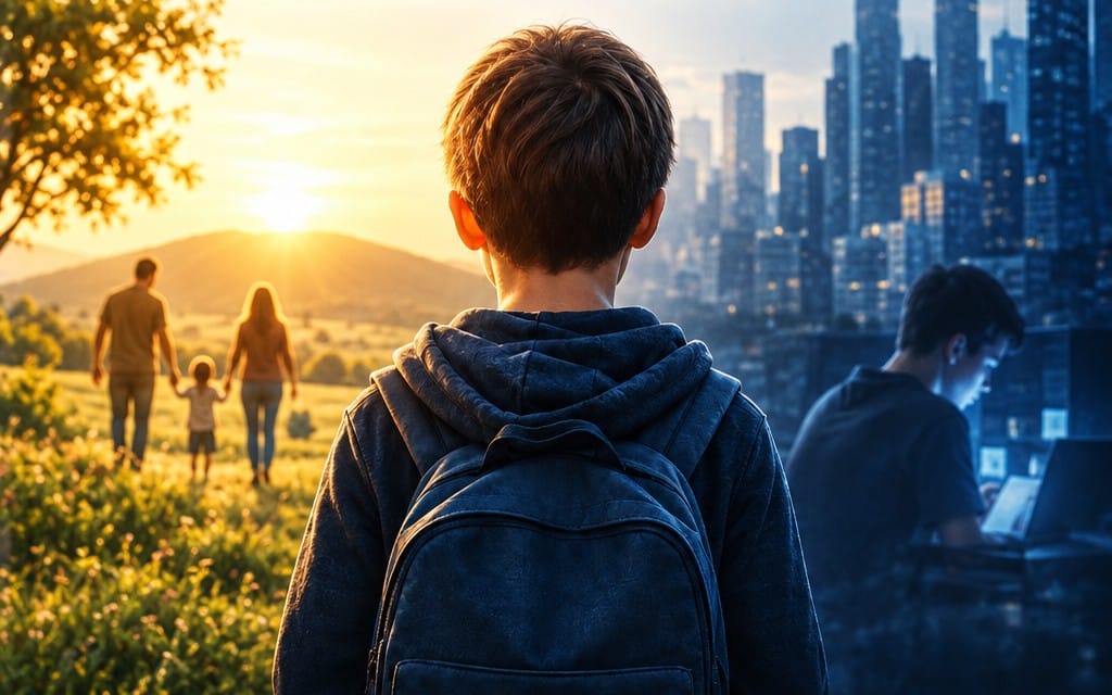 Cover artwork for a children psychology book showing a boy with backpack looking toward city and countryside at sunset