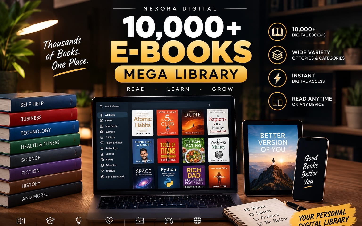 Promotional banner for 10,000+ e-book mega library digital download with laptop and phone showing book titles