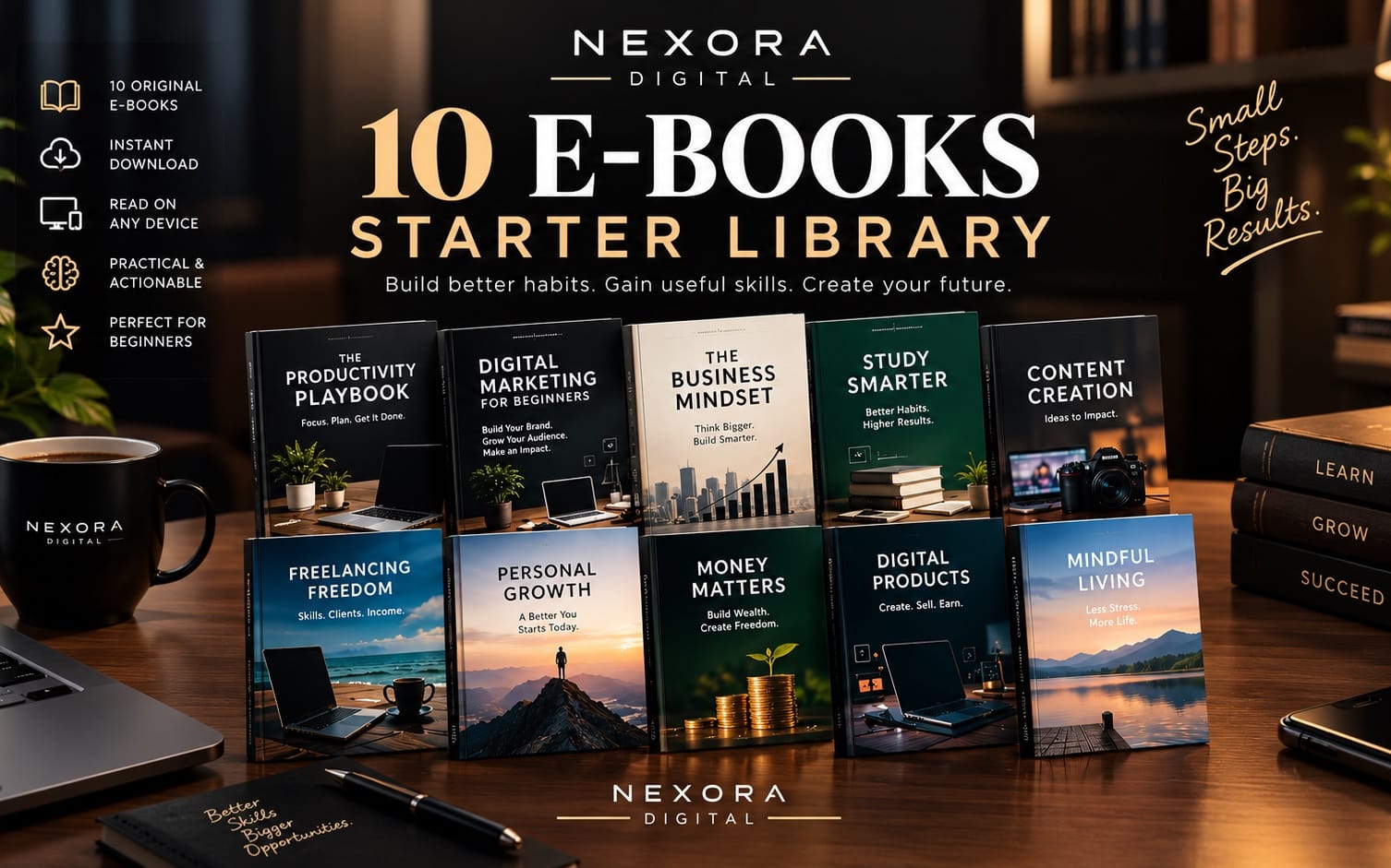 NEXORA Digital 10 E-books starter library cover banner with multiple e-book titles on desk background