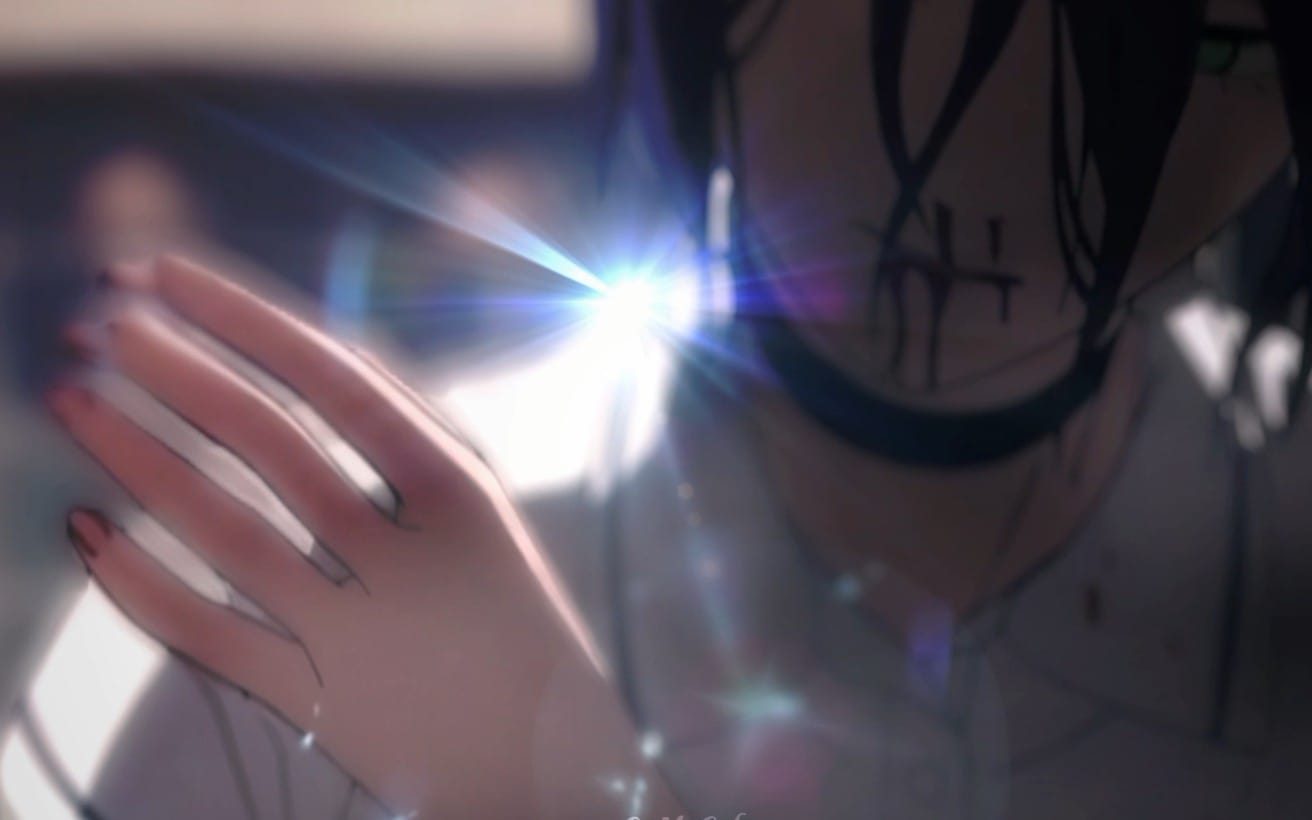Chainsaw Man anime edit with a close-up glowing light effect and raised hand in dramatic motion blur
