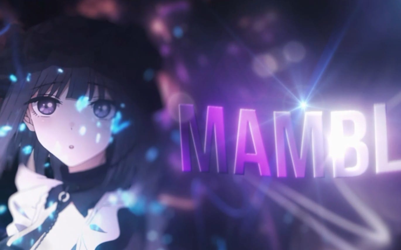 Anime character with long dark hair and glowing blue particles beside purple MAMBL digital title text