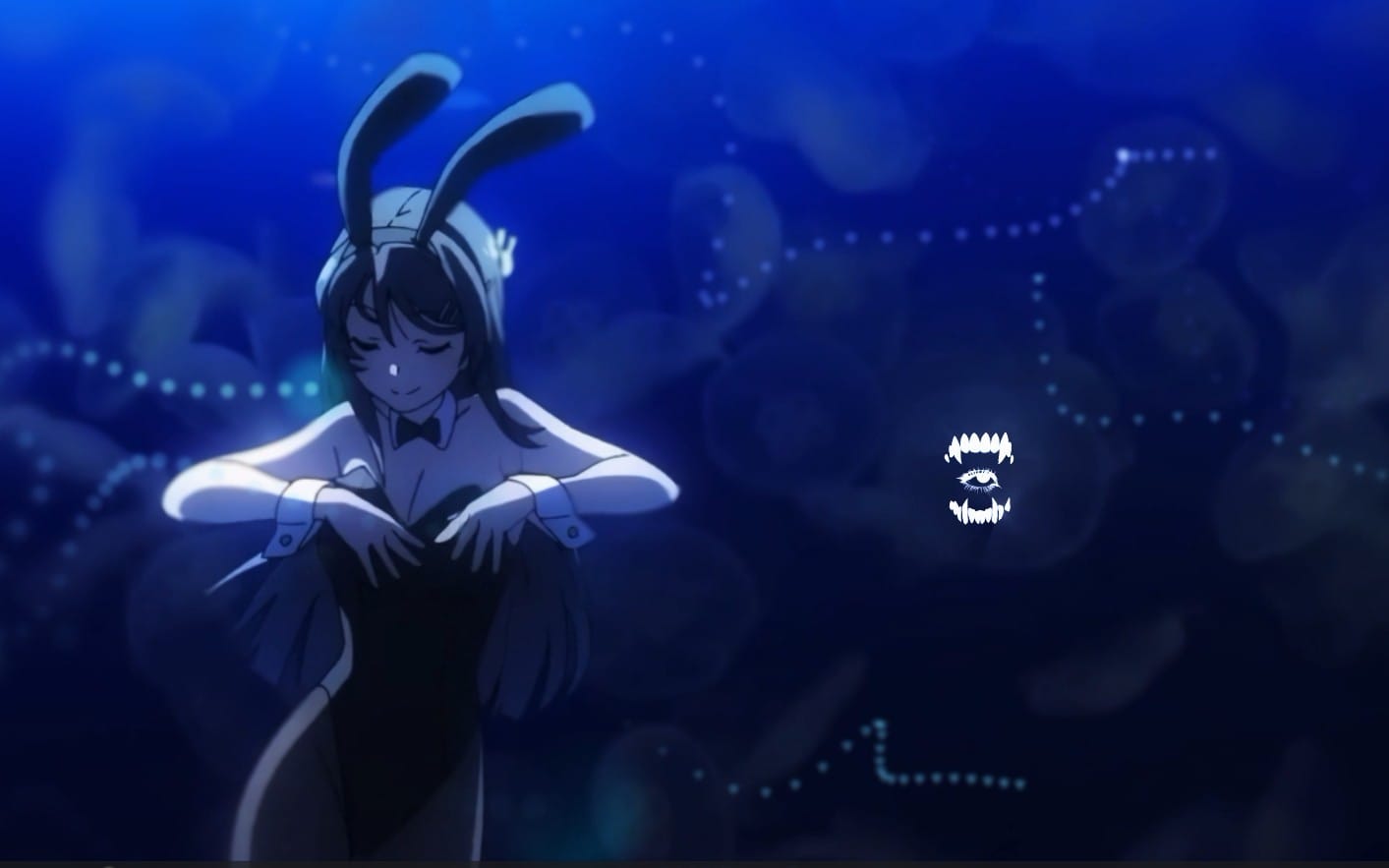 Anime character Mai Sakurajima in bunny-ear outfit on blue glowing background, digital wallpaper edit