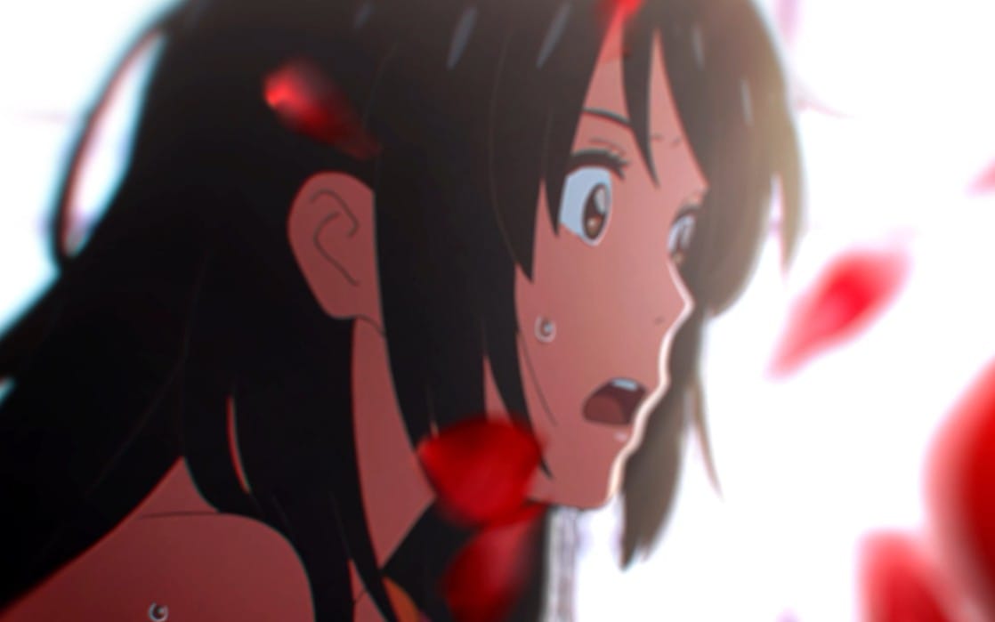 Animated anime-style couple kiss edit poster with girl and boy in close-up and red hearts background