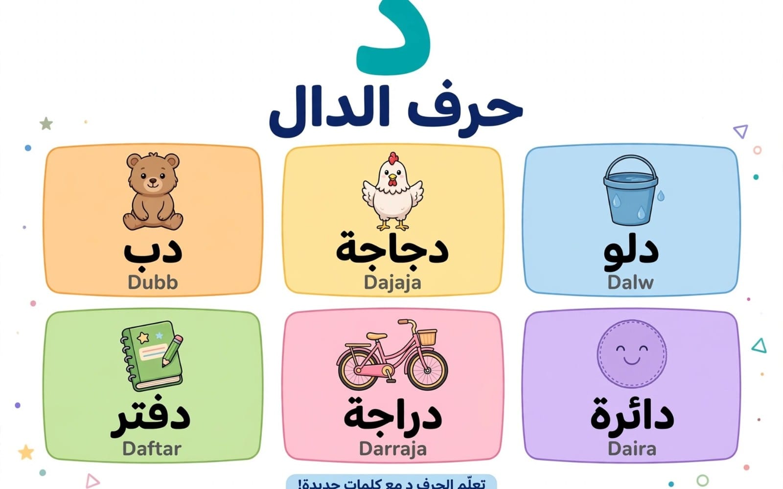 ملصق تعليمي لحرف الدال ضمن كلمات عربية مع صور دب ودجاجة ودلو وقائمة كلمات دُبّ ودَجاجة ودَلو