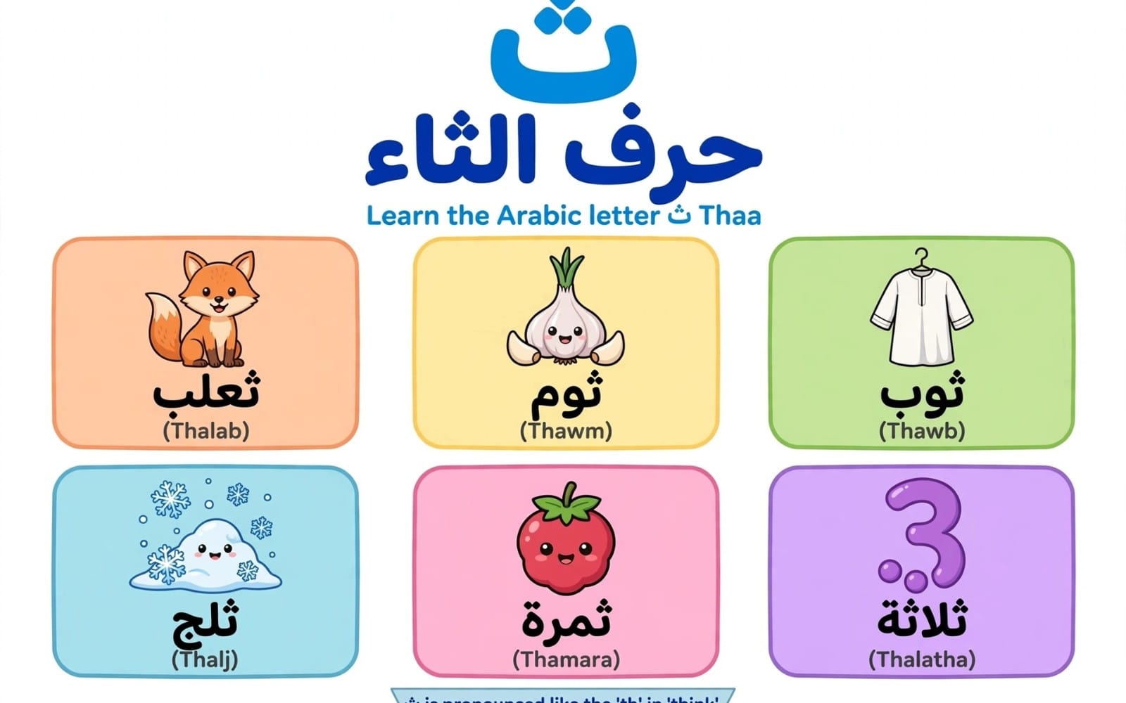 ملصق تعليمي لحرف الثاء تعلم اللغة العربية مع كلمات ثعلب، نوم، ثوب، ثلج، ثمرة، ثلاثه ورسومات كرتونية