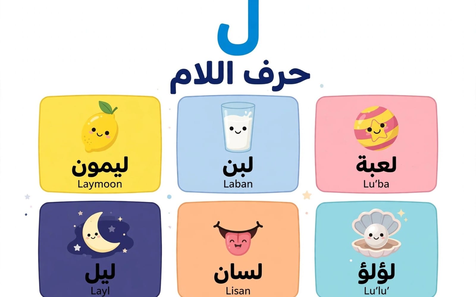 حروف عربية وتصاميم كرتونية تعرض كلمات تبدأ بحرف اللام حرف اللام مع لَيَمُون لَبَن لُعَة وغيرها