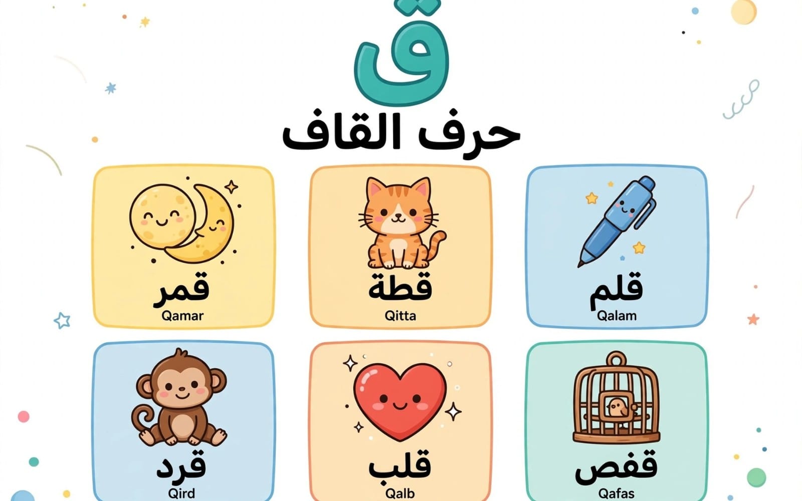 صفحة تعليمية للأطفال تعرض حرف القاف بالحروف العربية مع صور كلمات مثل قمر وقطّة وقلم وقر د وقل ب وقفس